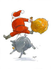 Père Noël chevauchant un cochon